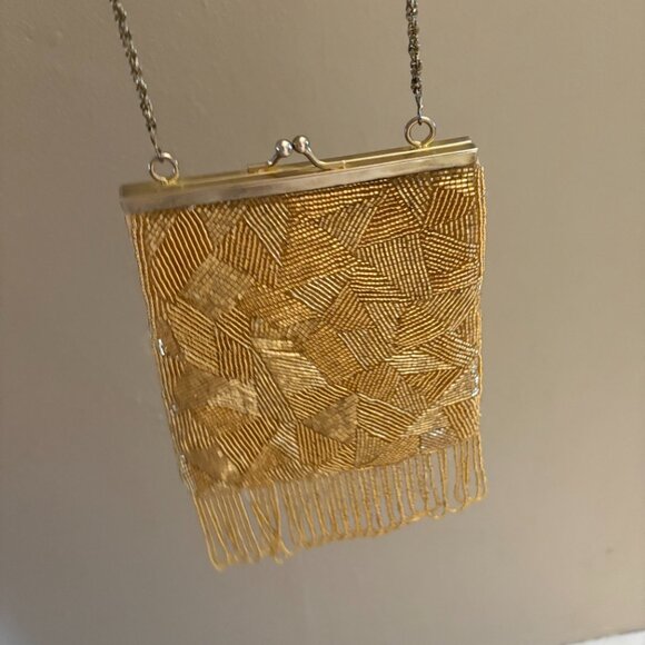 Vtg Lillie Rubin gold beaded fringed evening bag coquette wedding party purse - Picture 2 of 7